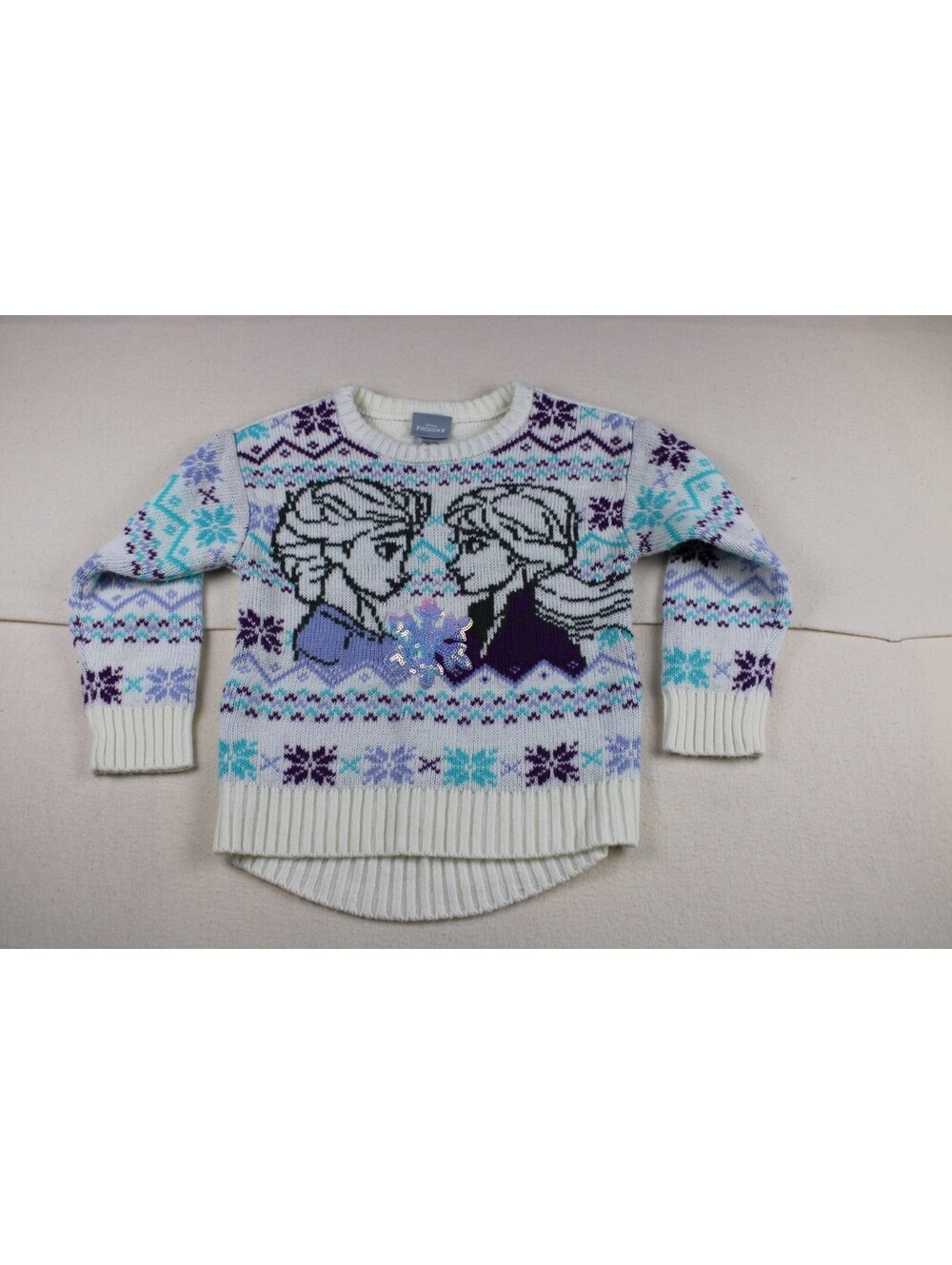 Disney Frozen II 2 Knitted Sweater Top Girl 4t Elsa Anna Sisters Snowflake White